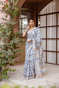 white printed slik saree