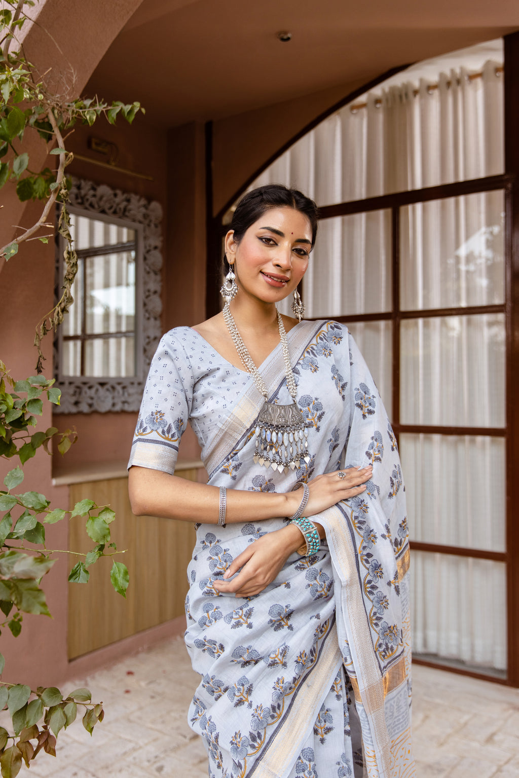 white printed slik saree