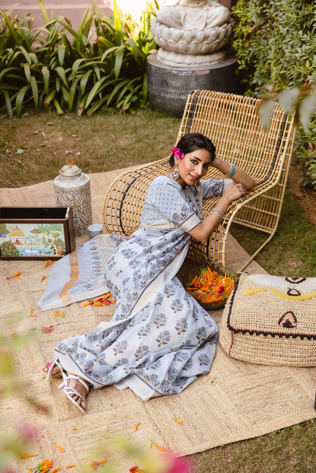 white printed slik saree