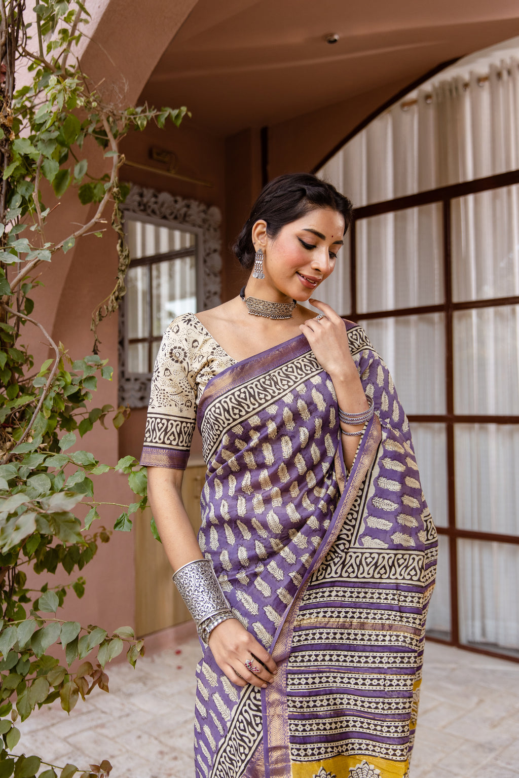 purple printed silk saree