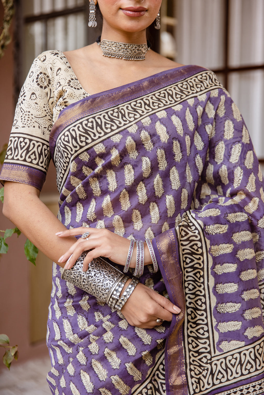 purple printed silk saree