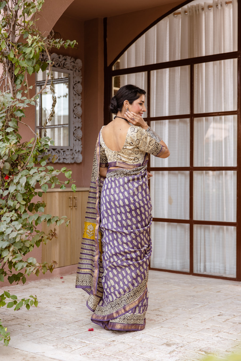 purple printed silk saree