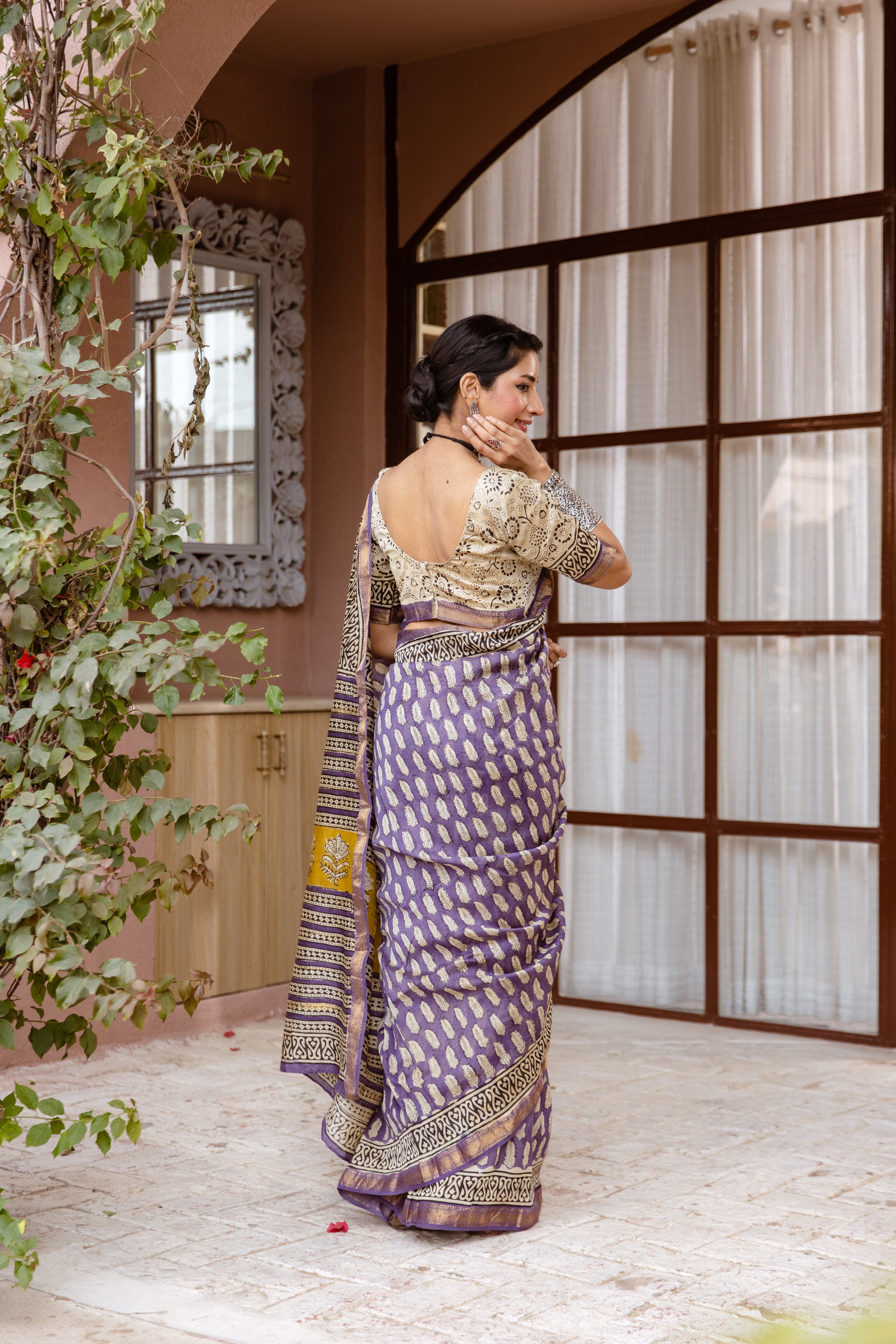 purple printed silk saree