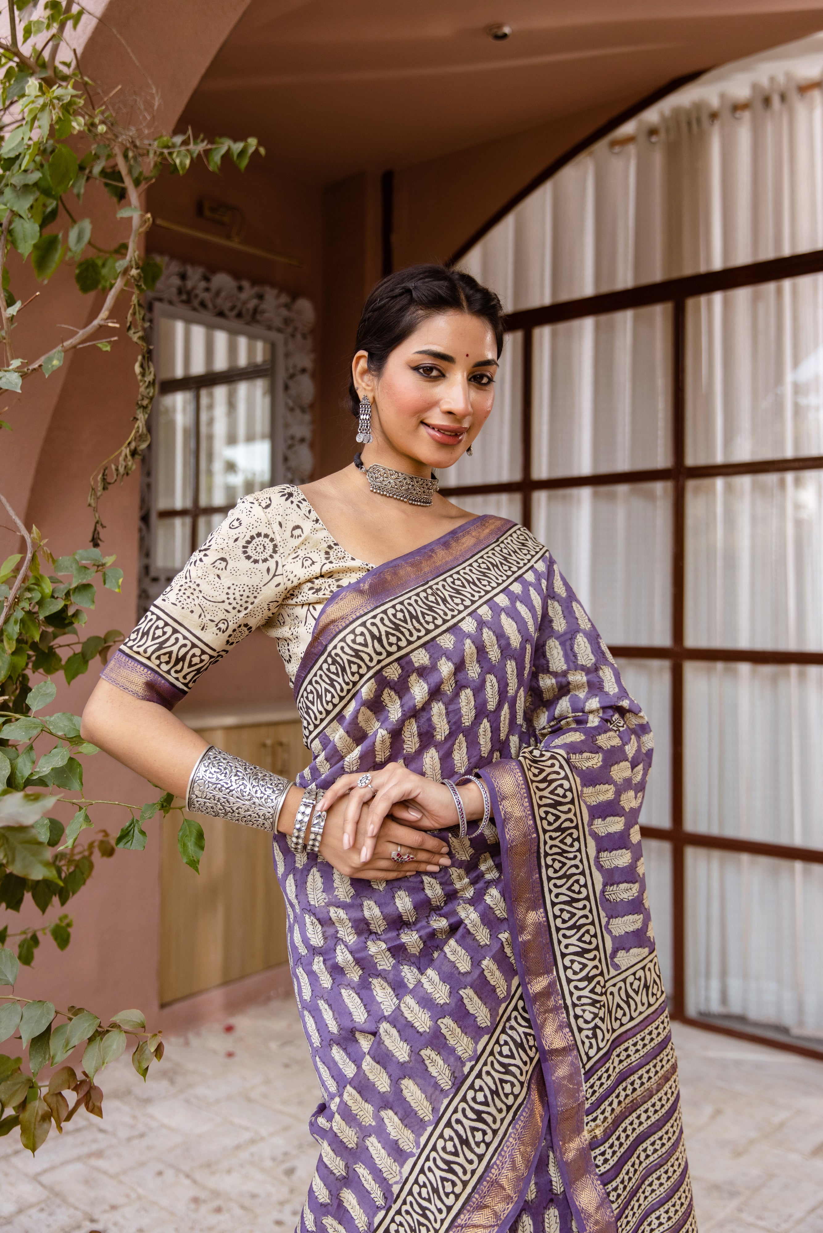 purple printed silk saree