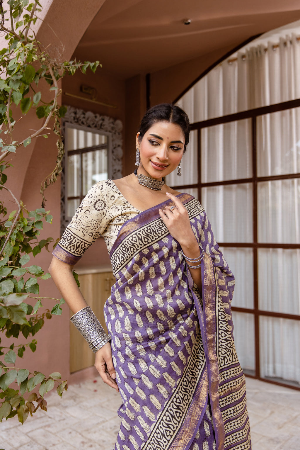 purple printed silk saree