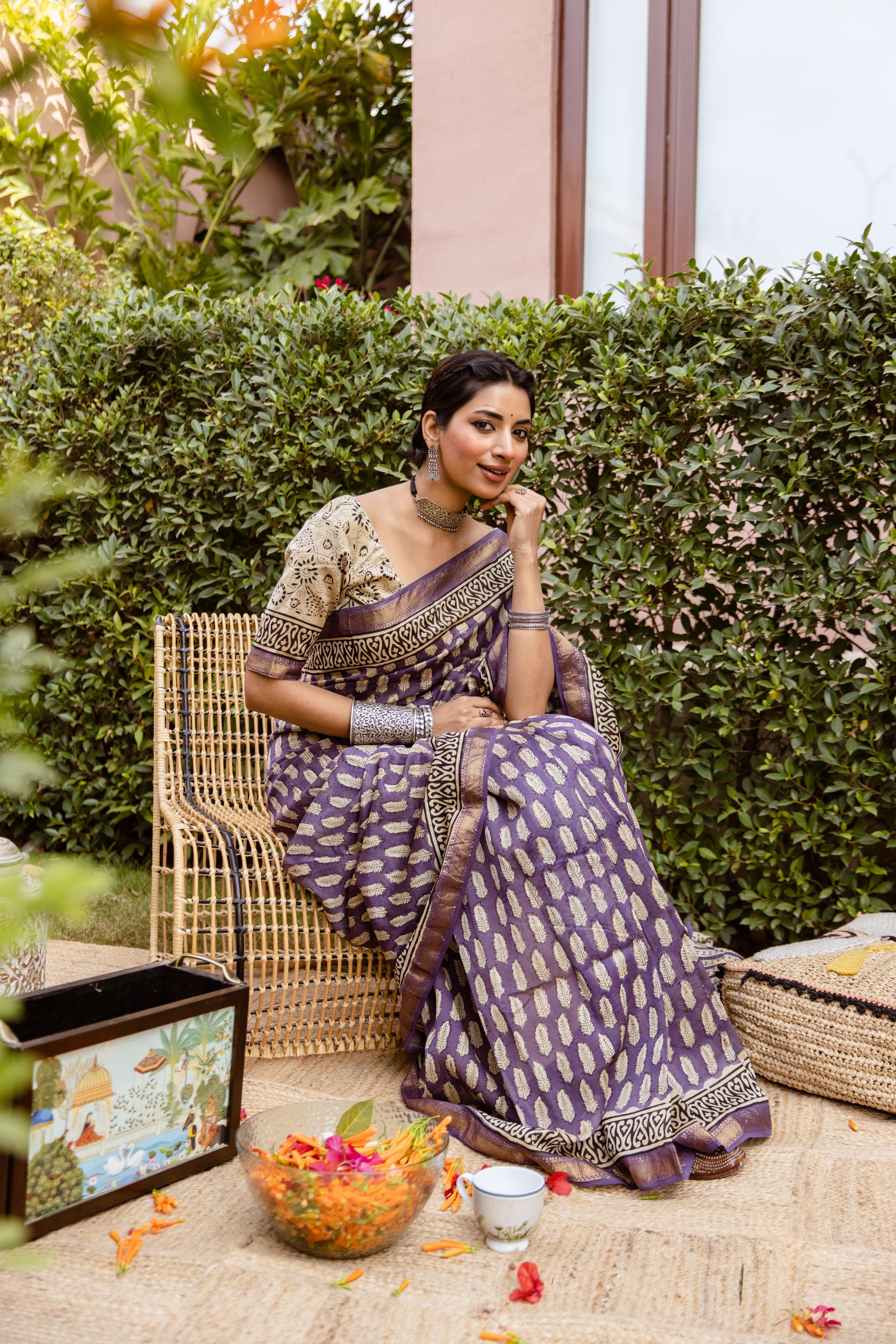 purple printed silk saree