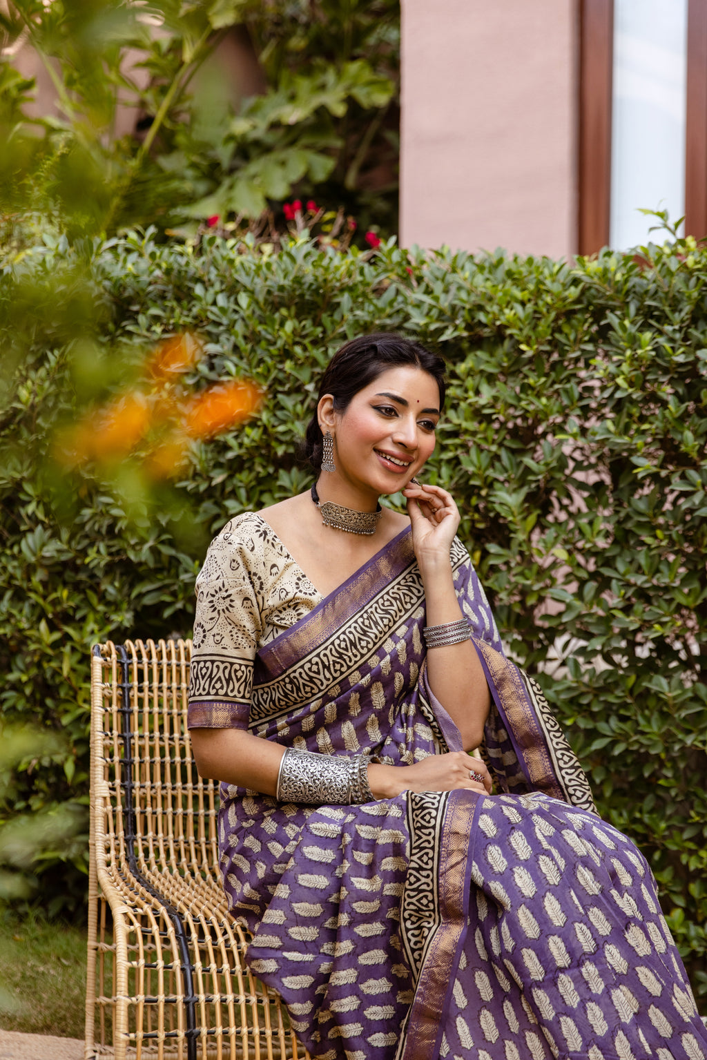 purple printed silk saree