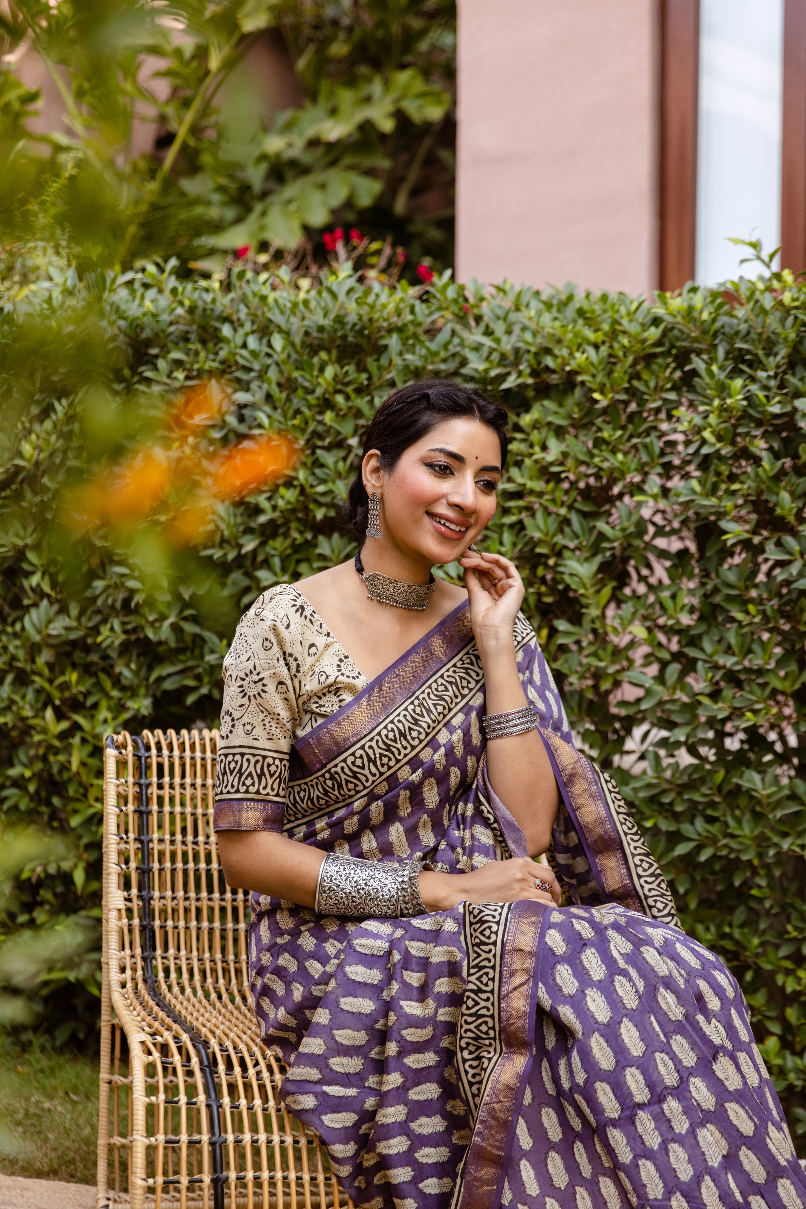purple printed silk saree