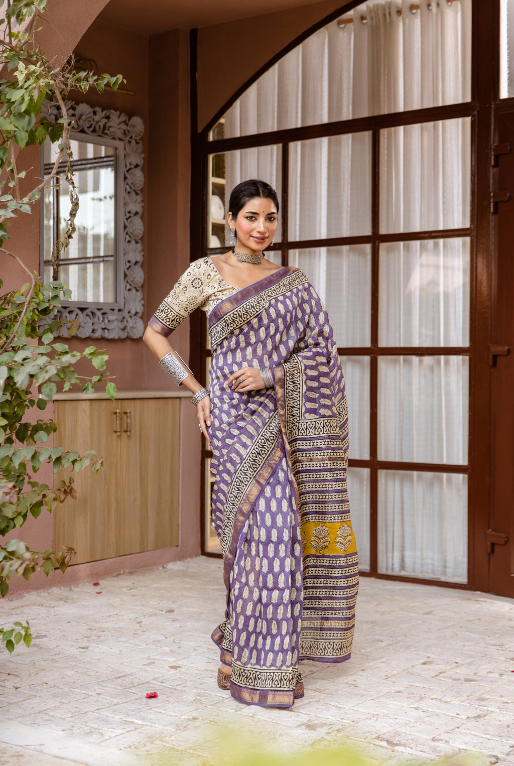 purple printed silk saree