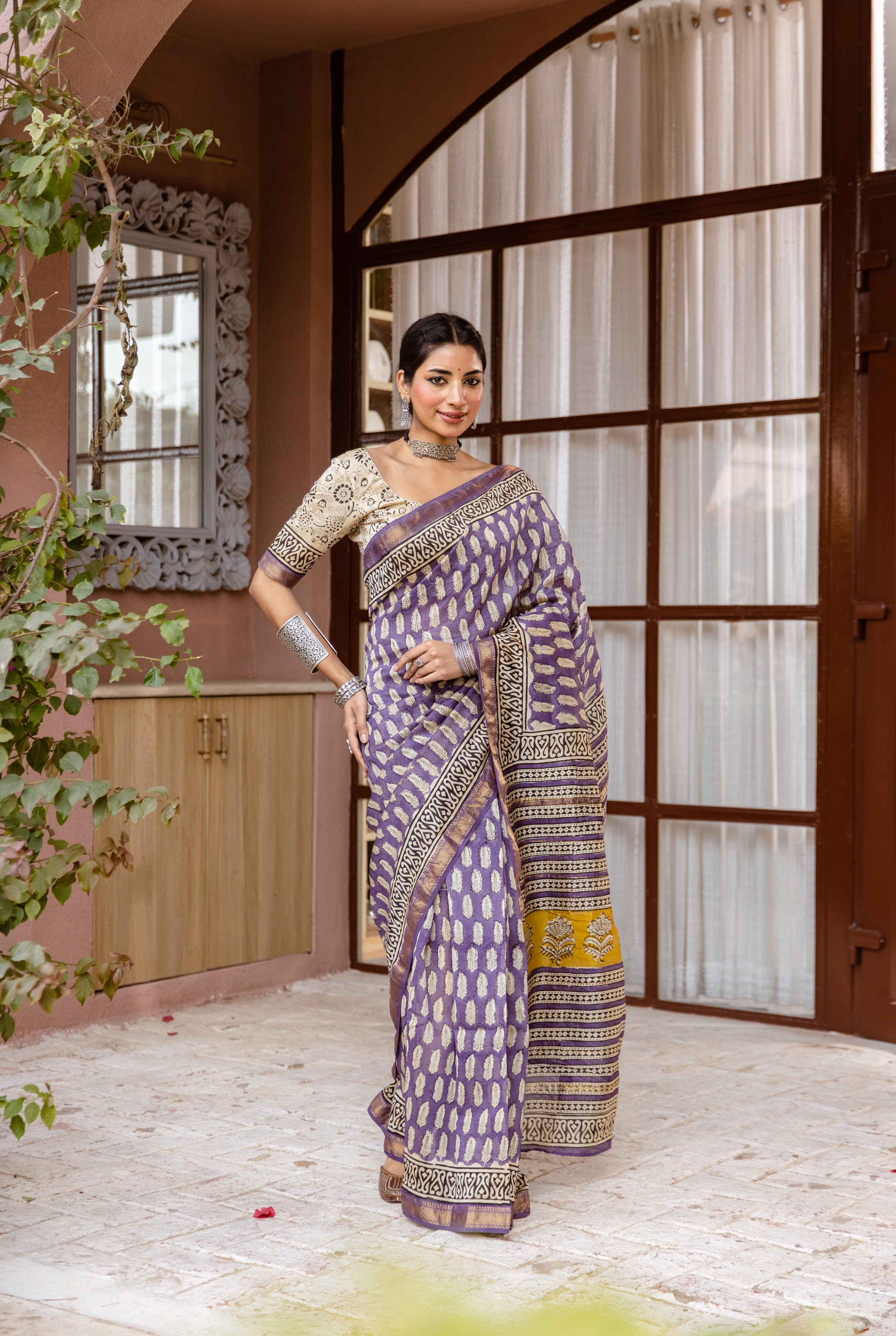 purple printed silk saree